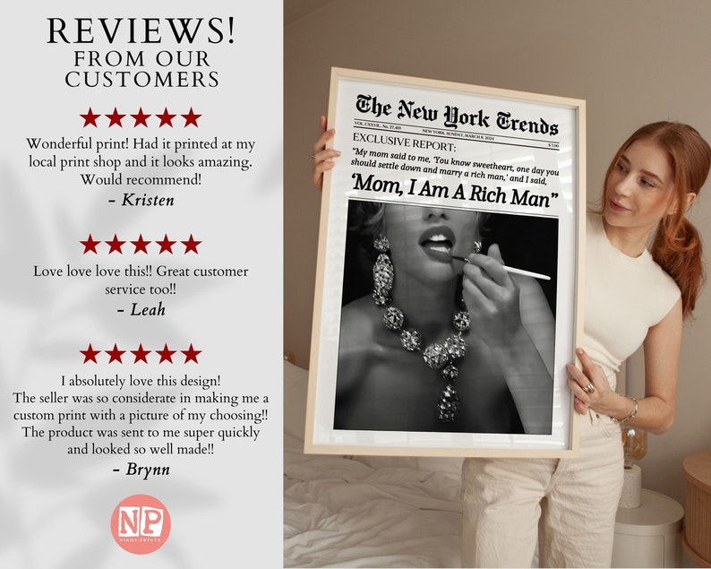 Trendy Newspaper Print, Mom I Am a Rich Man Cher Quote Poster, New York ...