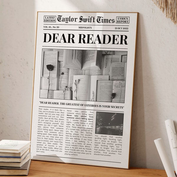 DEAR READER Retro Poster, Taylor Digital Newspaper Print, Midnights Lyrics Poster, Taylor Swift Poster Print Wall Art Swiftie Gift Merch