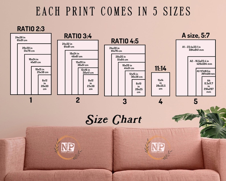 May include: A size chart displays print sizes in inches and centimeters, including ratios 2:3, 3:4, 4:5, 11:14, and A sizes. The chart is against a neutral background, with a sofa at the bottom.