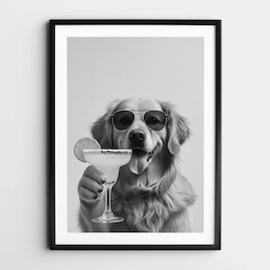 Golden retriever met een cocktail muurkunst, zwart-wit print, Margarita Martini alcohol print, grappige hond poster, retro bar kar decor
