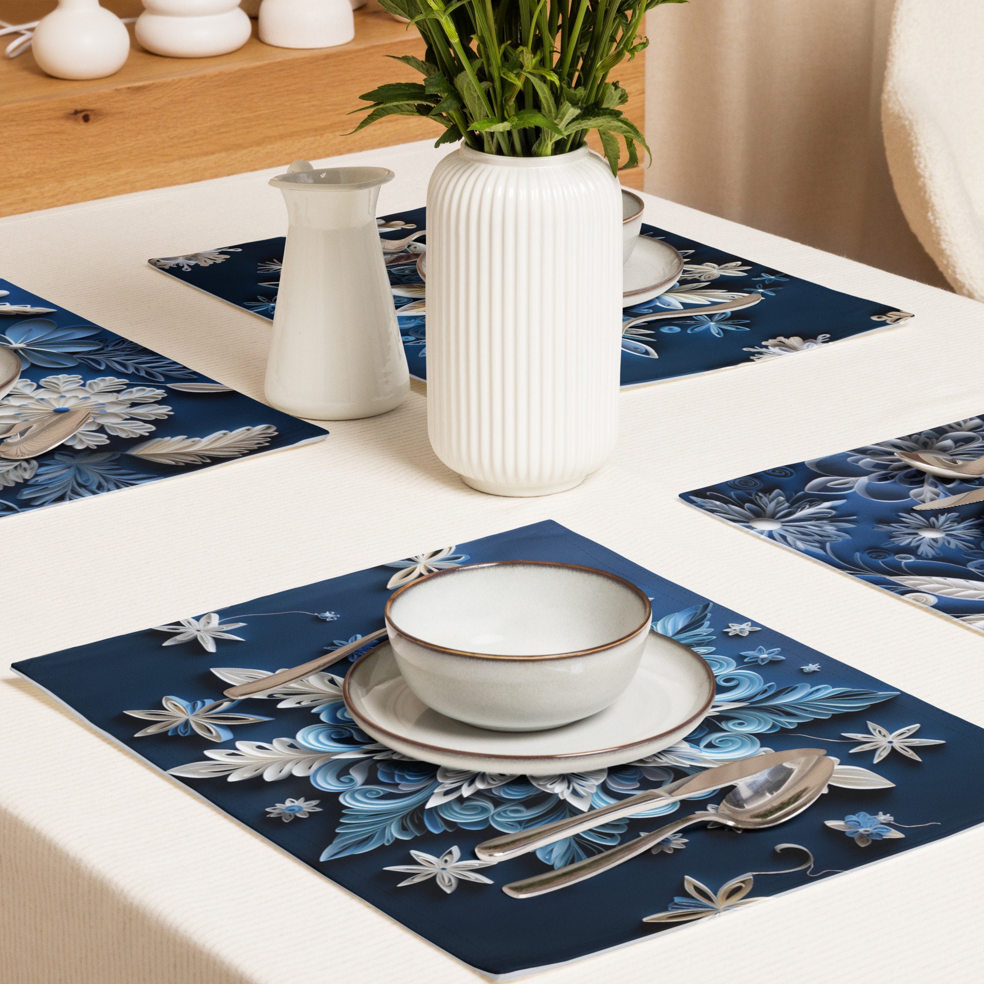 Winter Snowflake PVC Placemats for Dining Tables,Set of 4 Kitchen Table  Mats Geometric Golden White Frame Waterproof Wipeable Placemat for Indoor