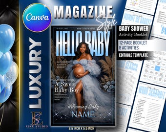 May include: A 12-page baby shower activity booklet template featuring a magazine-style cover with a pregnant person in a blue tulle gown. The cover text reads Hello Baby, A Sweet Baby Boy, and Name. Includes 8 activities like word search.