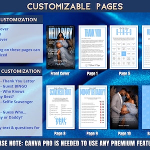 May include: A digital product display with customizable pages for a baby shower. The pages include a front cover, thank you letter, bingo game, scavenger hunt, and more. The text reads "CUSTOMIZABLE PAGES" and "HELLO BABY".