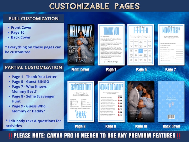 May include: A digital product display with customizable pages for a baby shower. The pages include a front cover, thank you letter, bingo game, scavenger hunt, and more. The text reads "CUSTOMIZABLE PAGES" and "HELLO BABY".