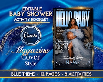 Editable Baby Shower Magazine Cover Game Activity Booklet, Blue Theme, Printable Canva Download