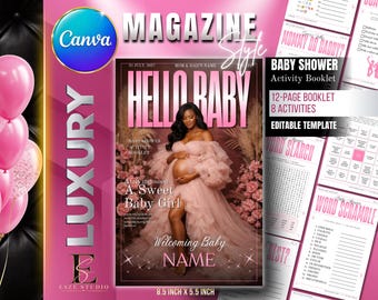 May include: A 12-page baby shower activity booklet template featuring a magazine-style cover with a pregnant person in a pink tulle gown. The cover text reads Hello Baby, A Sweet Baby Girl, and Name. Includes 8 activities like word search.