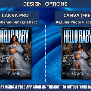 May include: Two magazine covers with the text "HELLO BABY" and the words "Arriving soon A Sweet Baby Boy". The covers feature a pregnant woman in a blue dress. The text "DESIGN OPTIONS" is at the top.