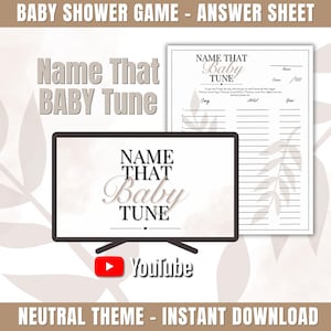 May include: A baby shower game answer sheet and a TV screen with the text "Name That Baby Tune". The answer sheet has fill-in-the-blank lines for song, artist, and year. The YouTube logo is visible.