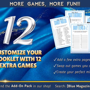 May include: Image features a blue background with the text "MORE GAMES, MORE FUN!!!" and a large silver number 12. Several game sheets are displayed, including "CANDY MATCH" and "BABY ITEMS A-Z". The text "CUSTOMIZE YOUR BOOKLET WITH 12 EXTRA GAMES" is also visible.