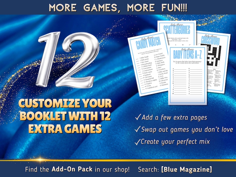 May include: Image features a blue background with the text "MORE GAMES, MORE FUN!!!" and a large silver number 12. Several game sheets are displayed, including "CANDY MATCH" and "BABY ITEMS A-Z". The text "CUSTOMIZE YOUR BOOKLET WITH 12 EXTRA GAMES" is also visible.