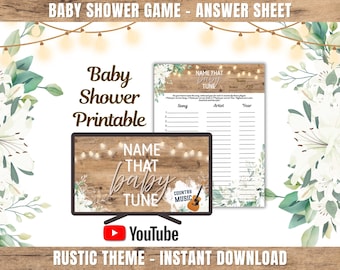 Gra „Nazwij tę melodię dla dziecka” | Rustykalny quiz muzyczny na baby shower (do wydrukowania)