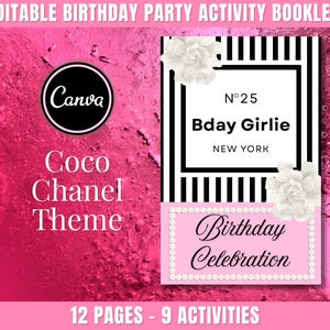 May include: A pink and white birthday party activity booklet with a Coco Chanel theme. The cover features the Canva logo, text, and floral accents. The booklet includes 12 pages and 9 activities.