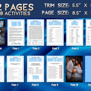 May include: A baby shower game set with 12 pages and 8 activities. The front cover features a magazine-style image. The trim size is 5.5" x 8.5", and the page size is 8.5" x 11". Pages include a thank you note, word search, and other games.