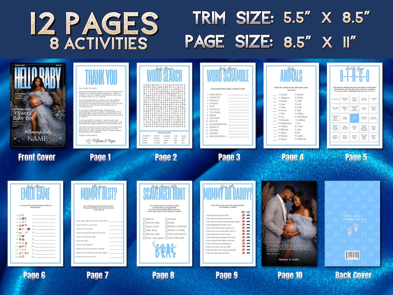 May include: A baby shower game set with 12 pages and 8 activities. The front cover features a magazine-style image. The trim size is 5.5" x 8.5", and the page size is 8.5" x 11". Pages include a thank you note, word search, and other games.