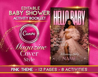 Editable Baby Shower Magazine Cover Game Booklet, Pink Theme Canva Template Digital Download