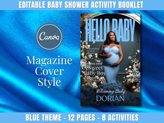 Editable Baby Shower Magazine Cover Activity Booklet Template, Printable Baby Shower Games Bundle Canva, Blue Theme Instant Digital Download