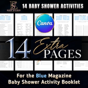 May include: A collection of 14 baby shower activity pages for a booklet, featuring light blue text and headers on white paper. Titles include Family Feud, Trivia, Candy Match, and Baby Items A-Z. The Canva logo is visible in the center.