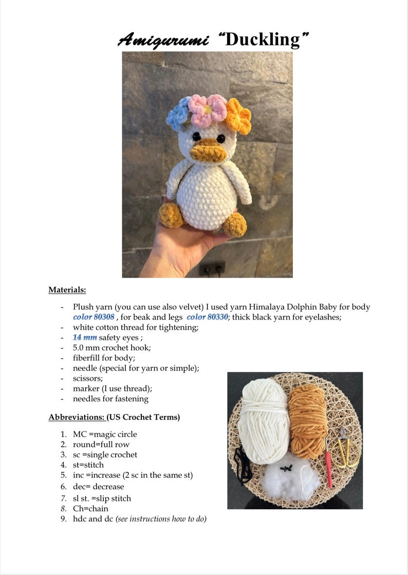 CROCHET PATTERN Duck. Ducking with flowers. Amigurumi. Plush toy. Crochet toy. English PDF instructions with 40 photos of the process zdjęcie 2