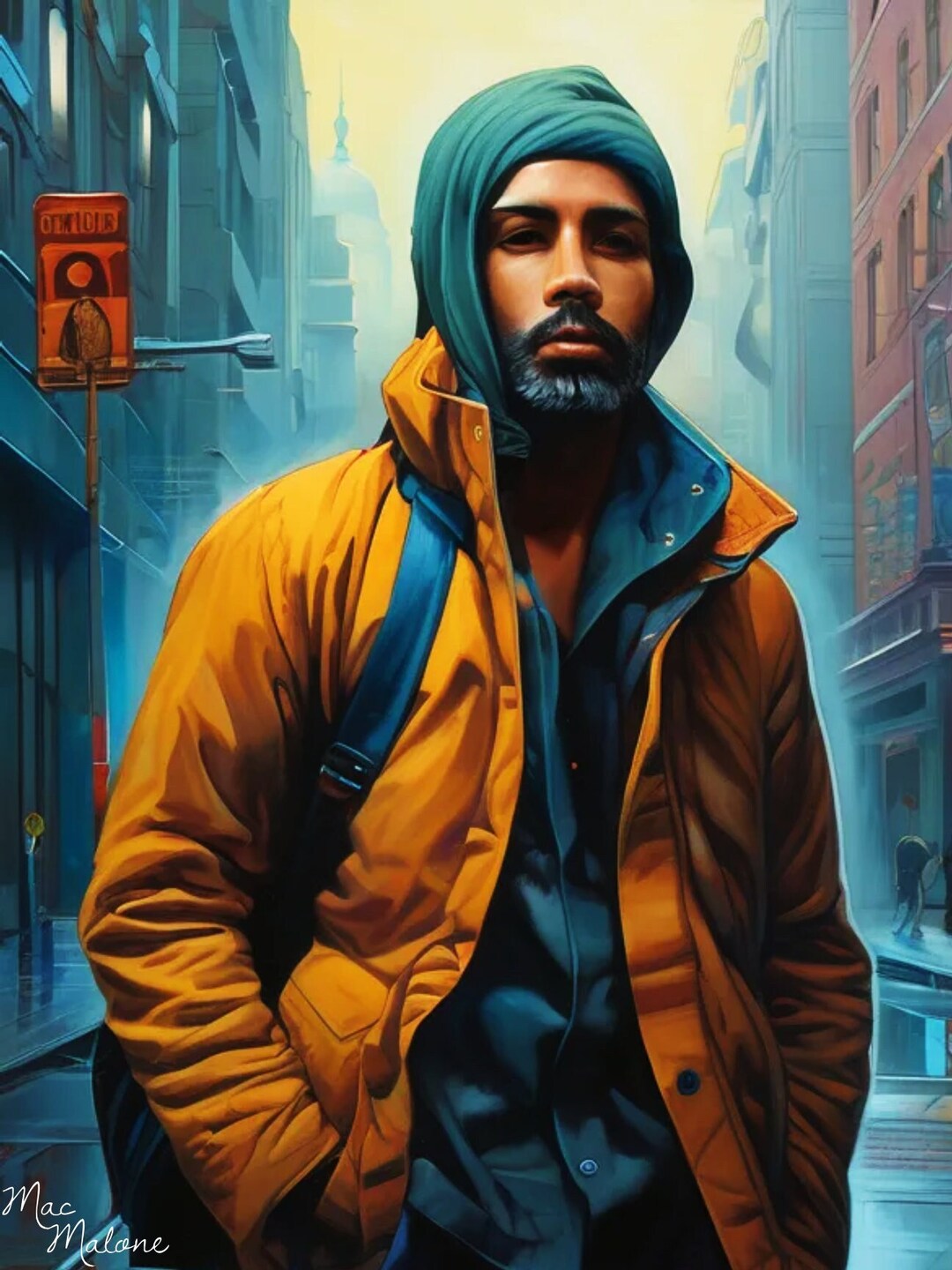 Yellow Jacket Cityscape Man Etsy