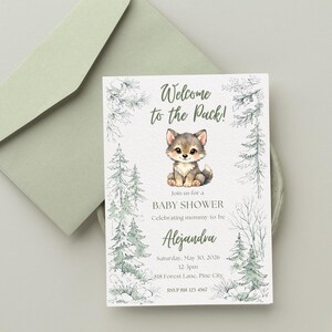 May include: A baby shower invitation with a watercolor illustration of a wolf cub. The text "Welcome to the Pack!" is at the top, with details for the event, including the name Alejandra, date, time, and RSVP information.