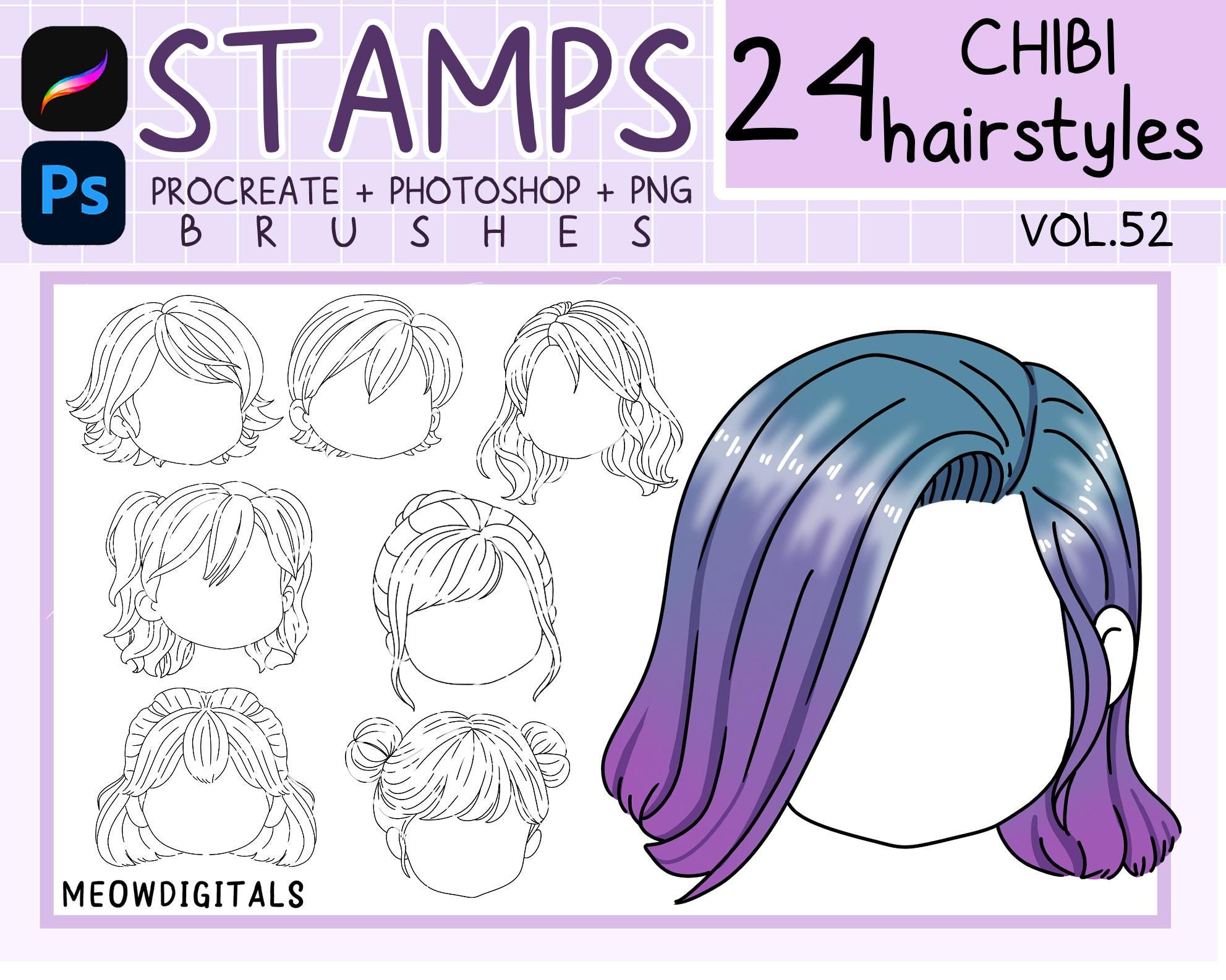 Chibi Hair Styles Stamp Set for Procreate & Photoshop – 24 Manga Hairstyles, PNG Pack & Drawing Guide - Image 1