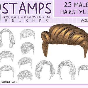 Estilos DE PELO MASCULINO STAMP Procreate Brush, Pinceles de Photoshop, Peinado de Hombres, Poses Corporales Manga, Guía para Dibujo, Figura de Personaje