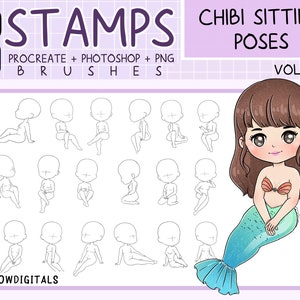 Chibi Sitting Poses Stamp Brush: Procreate & Photoshop (Digital Download)