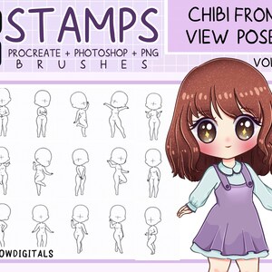 CHIBI STANDING STAMP, Procreate Brush, Photoshop Brushes, Woman Anatomy, Guide for Drawing, Character Figure, Women Pose, Manga Pose