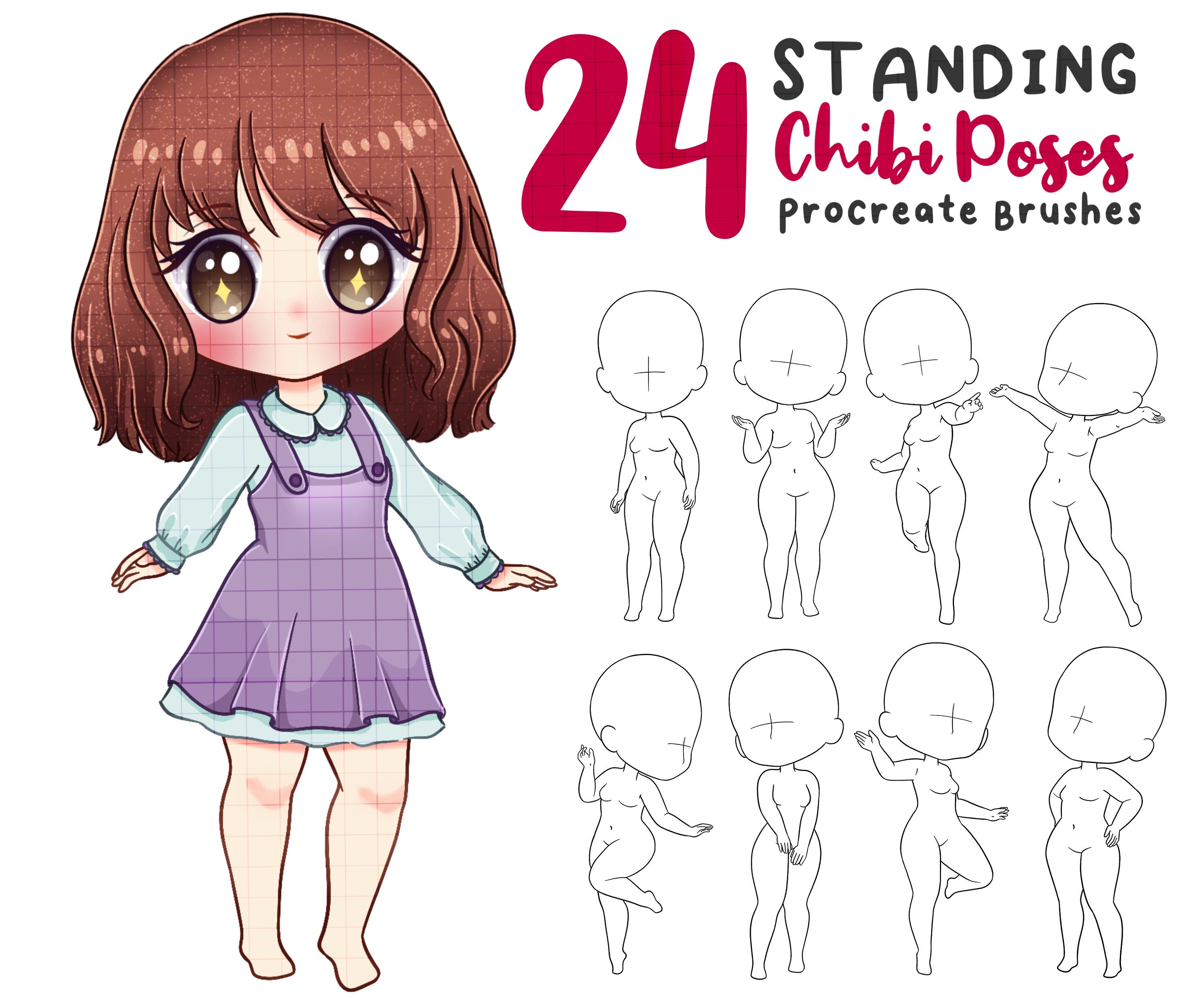 Procreate Chibi Poses Stamps, Couple Poses, Anime Figure Stamps