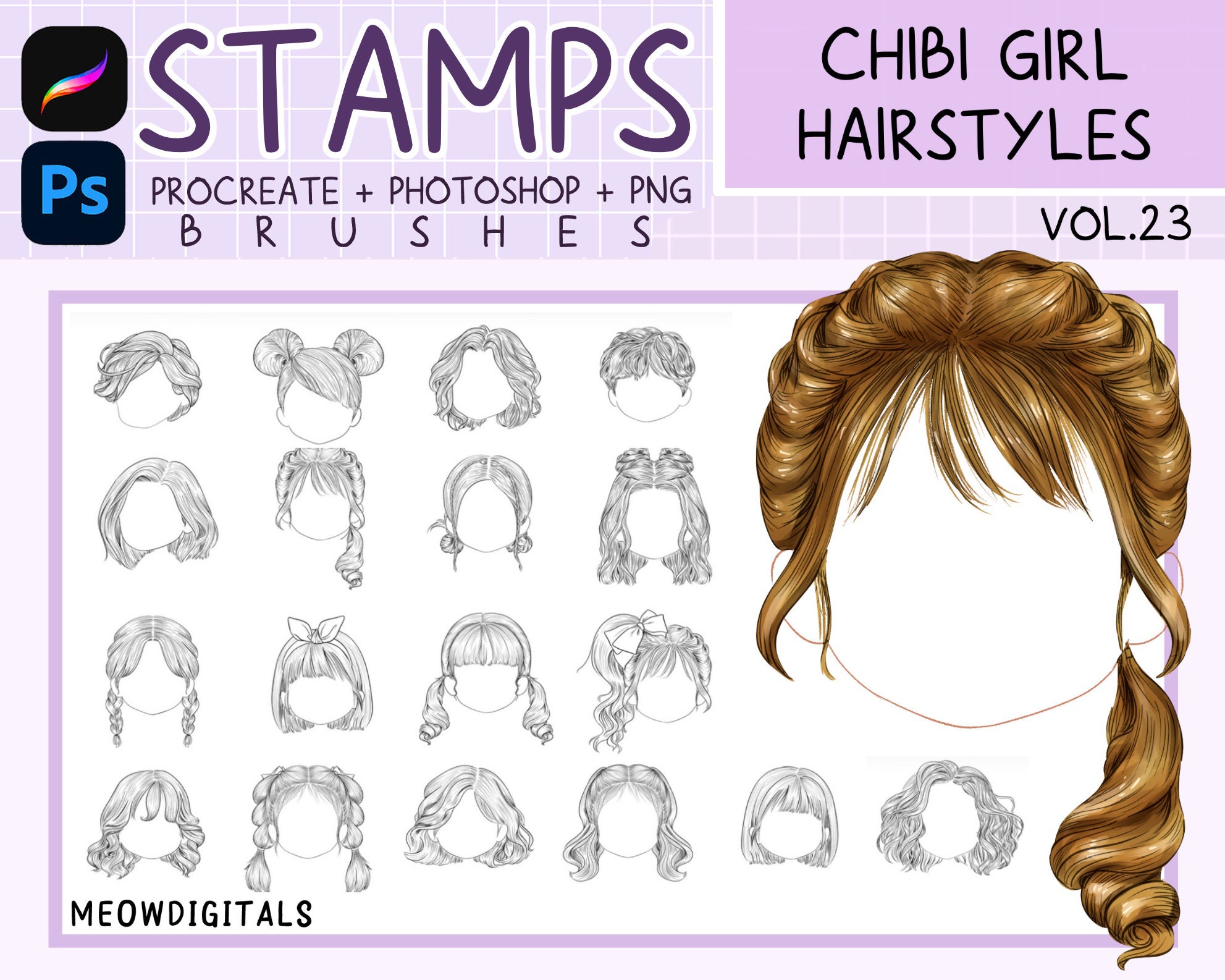 Chibi Hair Styles Stamp Brushes for Procreate & Photoshop — 25 Manga Hairstyles, PNG Set & Drawing Guide