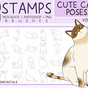 CUTE CAT POSES Stamps, Procreate Brush, Photoshop Brushes, Woman Anatomy, Manga Body Poses, Guide for Drawing, Character Figure