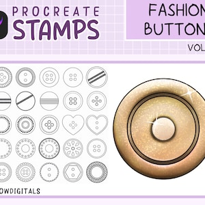 May include: A set of 25 black and white outline illustrations of different types of buttons, including round, square, heart-shaped, and decorative buttons. The illustrations are for use with the Procreate app. The text "PROCREATE STAMPS FASHION BUTTONS VOL.25" is at the top of the image. The text "MEOWDIGITALS" is at the bottom of the image.