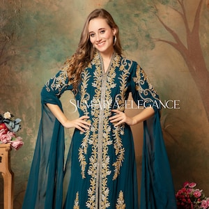 Clara Takchita Moroccan Caftan Arabic Abaya Kaftan Formal Dubai Fancy Wedding Long Gown Hand Beaded Party Wear Stylish Dress Comes in Scarf