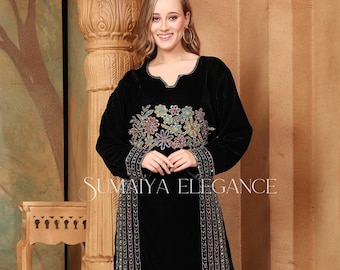 Embroidered Velvet Caftan Gown: Moroccan Abaya, Arabic Party Dress