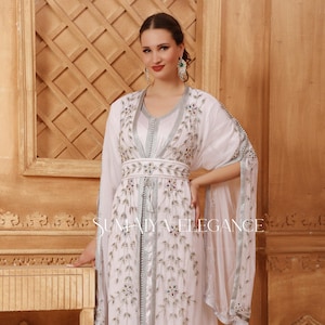 Shifa Moroccan Kaftan Elegant Arabic Abaya Dress Dubai Caftan Fancy Hand Beaded Party Wear Wedding Long Gown Stylish Dress Come with Scarf