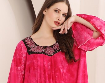 Handmade Tie Dye Kaftan Dress: Embroidered Neckline, Matching Scarf