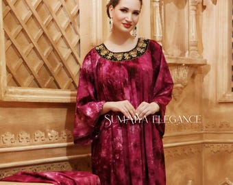 Hand Embroidered Tie Dye Rayon Kaftan - Loose Fit Maxi Dress