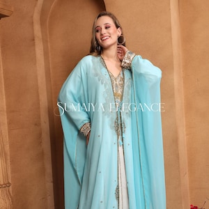 Umarah Inner Jacket Caftan, Dubai Moroccan Kaftan Hand Beaded Party Wear Wedding Arabic Abaya Stylish Long Gown Very Fancy Dress for Women