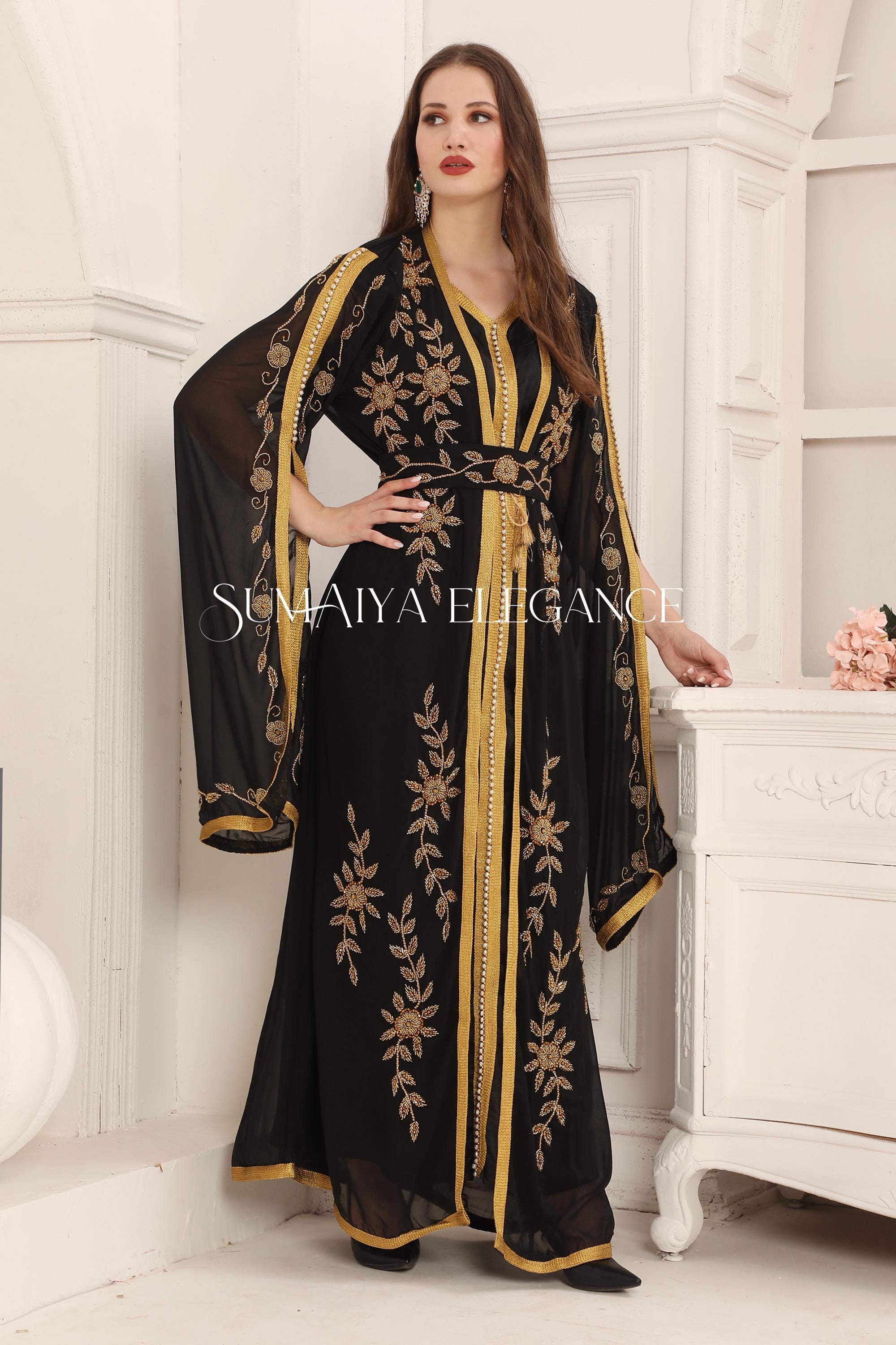 open lace back dress Sharon Said Luxury Pearls Dubai Champagne Evening Dresses with Cape 20 main image 1