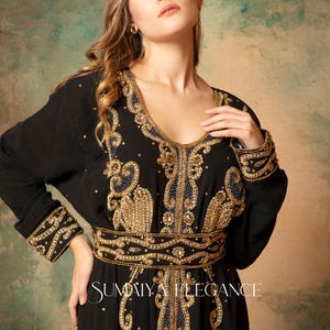 Marockansk Dubai Georgette kaftan Farasha Afrikansk klädsel Brudtärna Arabisk festkläder Bröllopskaftan Formell klänning för kvinnor med huvudduk Gratis. bild 2