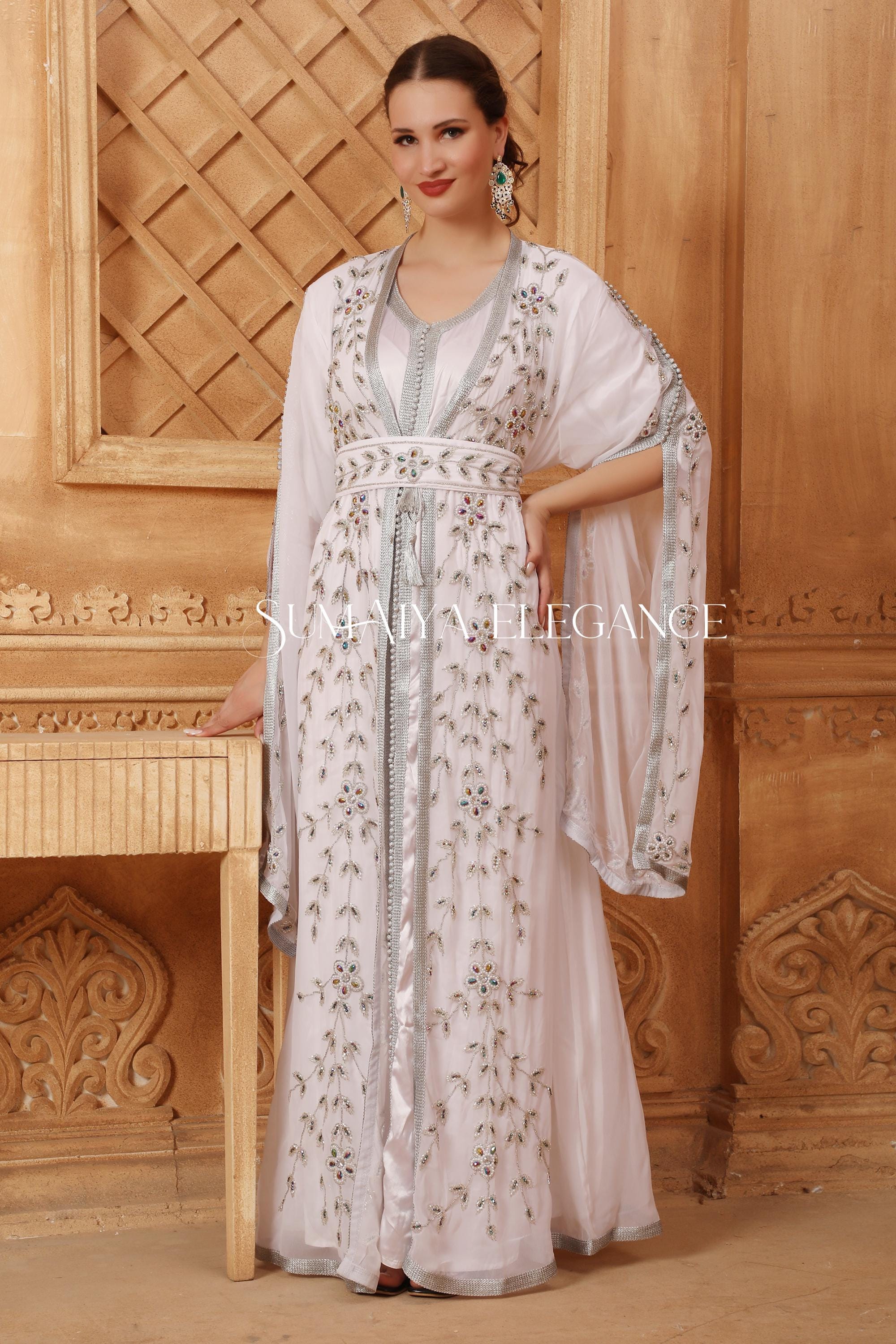 Shifa Moroccan Kaftan Elegant Arabic Abaya Dress Dubai Caftan Fancy Hand Beaded Party Wear Wedding Long Gown Stylish Dress Come with Scarf