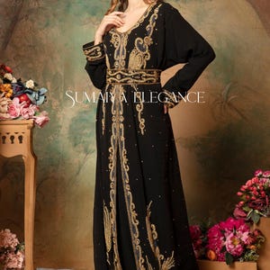 Marockansk Dubai Georgette kaftan Farasha Afrikansk klädsel Brudtärna Arabisk festkläder Bröllopskaftan Formell klänning för kvinnor med huvudduk Gratis. bild 4