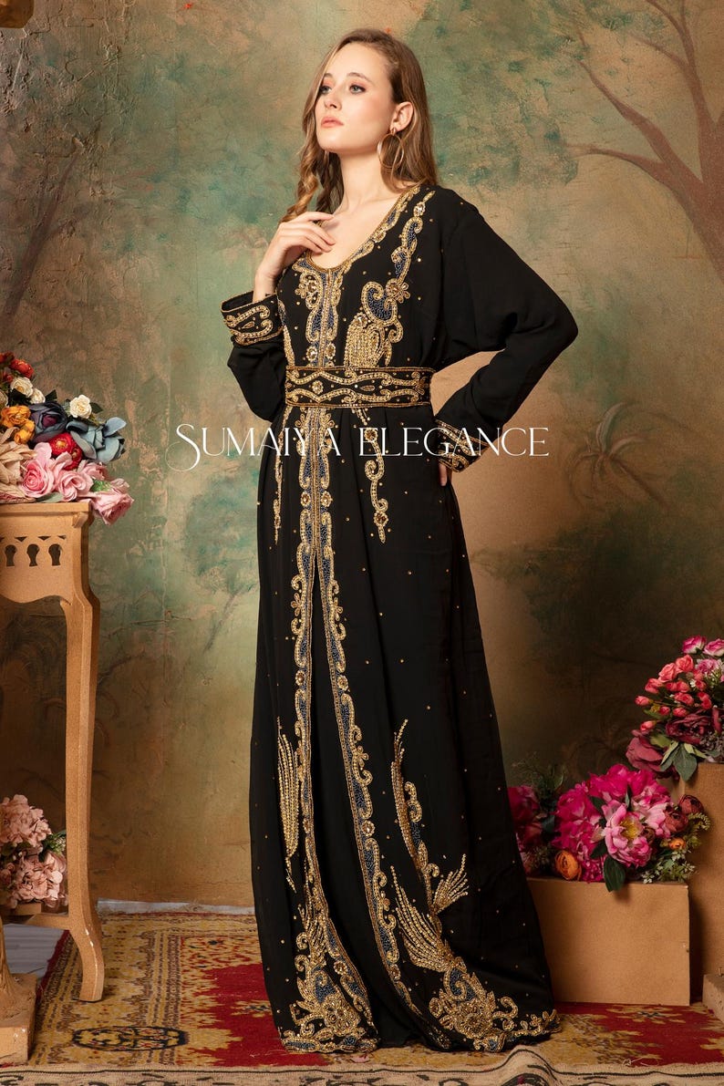 Marockansk Dubai Georgette kaftan Farasha Afrikansk klädsel Brudtärna Arabisk festkläder Bröllopskaftan Formell klänning för kvinnor med huvudduk Gratis. bild 4
