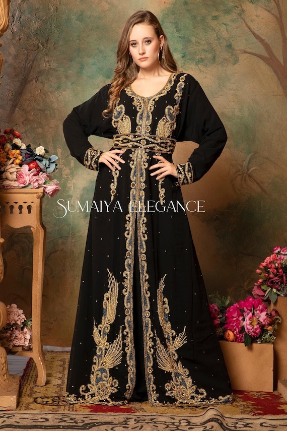 Moroccan Dubai Georgette kaftan Farasha African Attire Bridesmaid Arabic party wear Wedding kaftan Formal Women Dress With Head Scarf Free.