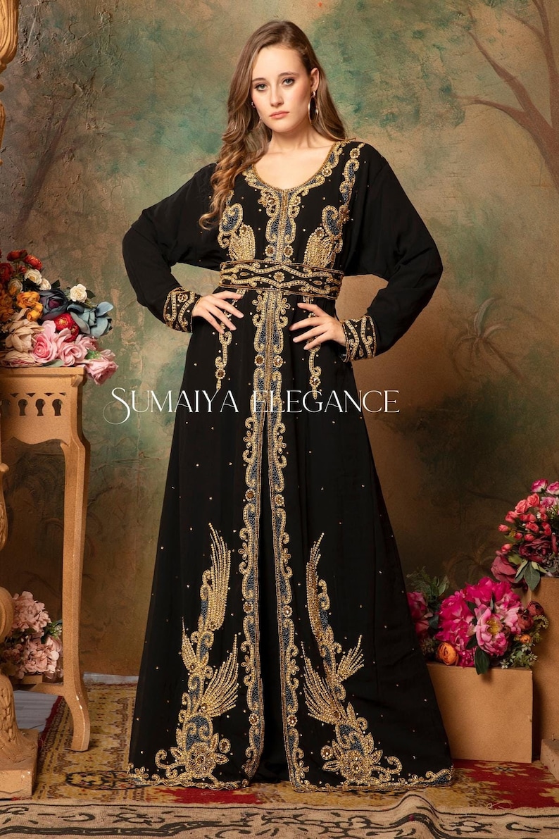 Marockansk Dubai Georgette kaftan Farasha Afrikansk klädsel Brudtärna Arabisk festkläder Bröllopskaftan Formell klänning för kvinnor med huvudduk Gratis. bild 1