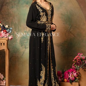 Marockansk Dubai Georgette kaftan Farasha Afrikansk klädsel Brudtärna Arabisk festkläder Bröllopskaftan Formell klänning för kvinnor med huvudduk Gratis. bild 3