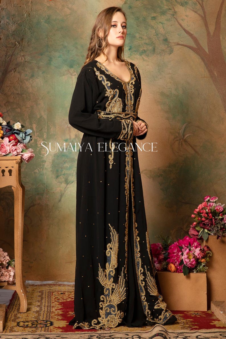 Marockansk Dubai Georgette kaftan Farasha Afrikansk klädsel Brudtärna Arabisk festkläder Bröllopskaftan Formell klänning för kvinnor med huvudduk Gratis. bild 3
