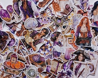 Purple Pirate Sticker Pack | 84 pcs Set Vintage Nautical Adventure Fantasy Stickers for Scrapbook Journal Planner