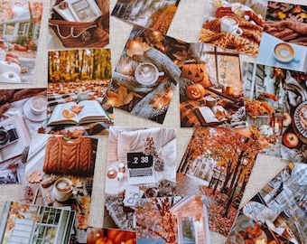 May include: A collection of rectangular photographic prints featuring autumn-themed imagery, including orange pumpkins, fallen leaves, warm beverages in mugs, cozy knit sweaters, open books, and residential houses surrounded by fall foliage.