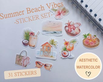 Summer Beach Stickers Pack | 31 Pcs Tropical Seaside Sunset Vacation Scrapbook, Journal, Planner, Bullet Journal Sticker